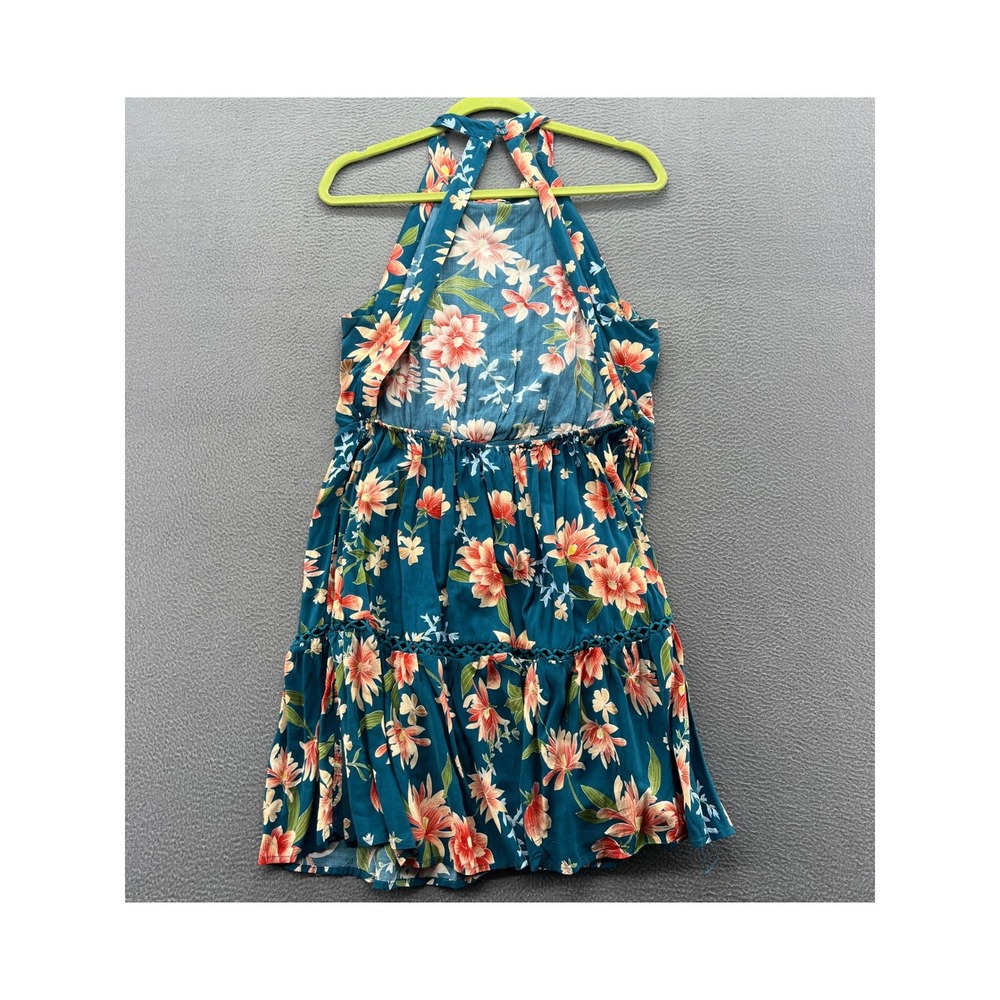 Jaase Dress Floral Halter Mini Teal Blue Orange Crochet Trim Open Back Summer XL - Picture 5 of 12